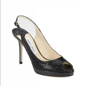 JIMMY CHOO Nova Black Glitter Peep Toe Slingback Sandals Heels Size 37 6.5